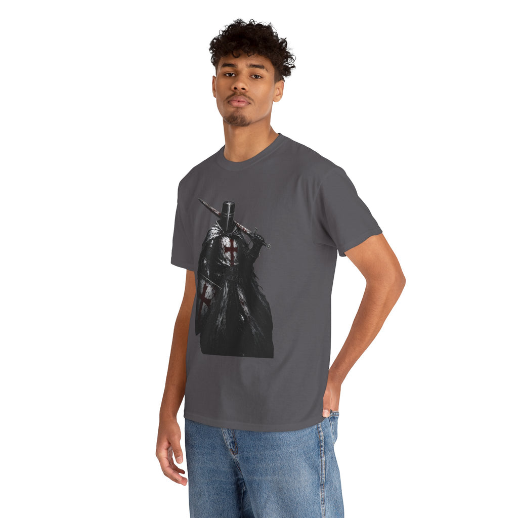 Medieval Knight Graphic Tee — Dark Crusader Sword Design