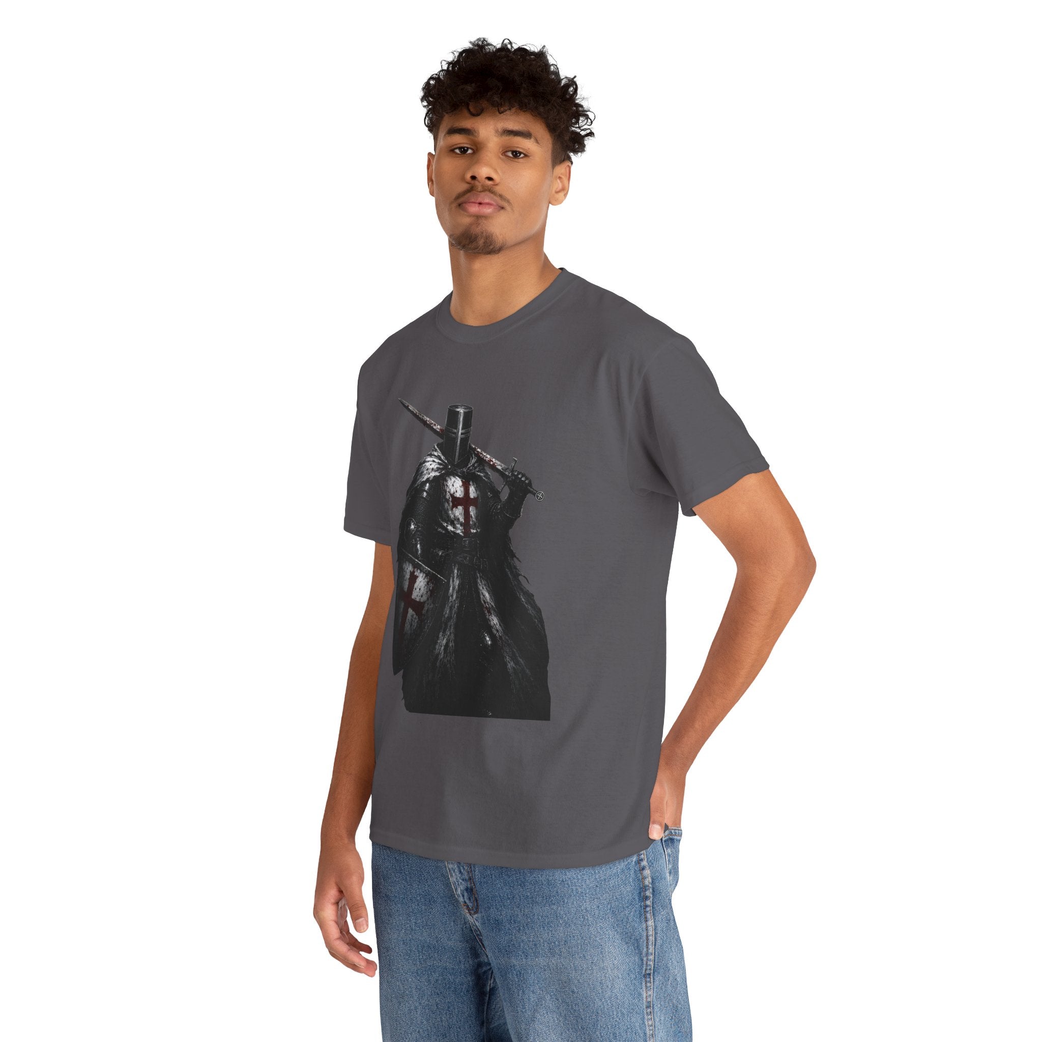 Medieval Knight Graphic Tee — Dark Crusader Sword Design