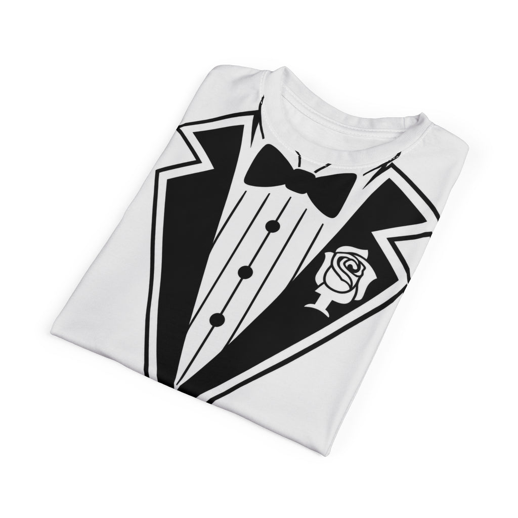 Tuxedo T‑Shirt Mock Tee – Novelty Bow Tie & Rose Graphic for Parties & Weddings