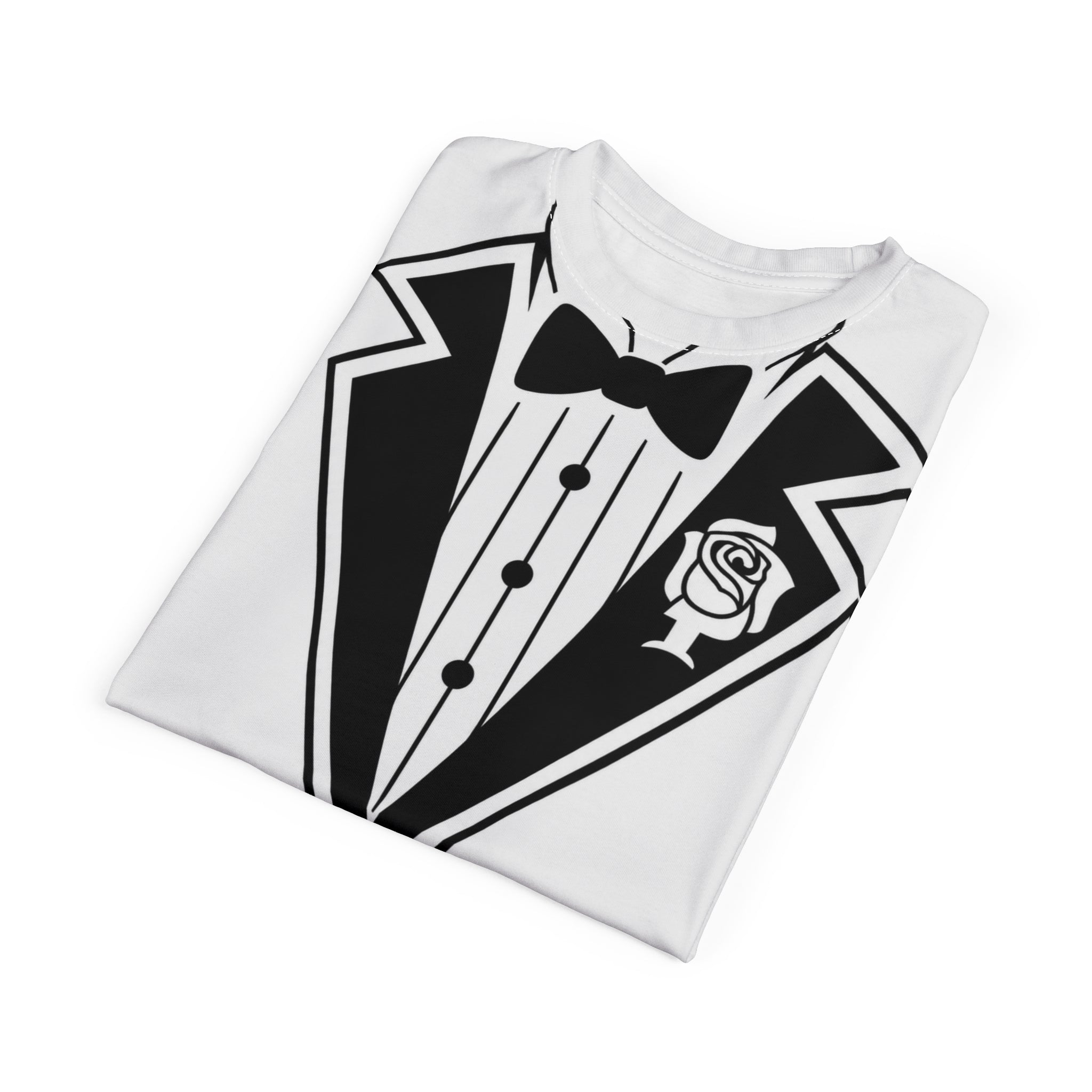 Tuxedo T‑Shirt Mock Tee – Novelty Bow Tie & Rose Graphic for Parties & Weddings