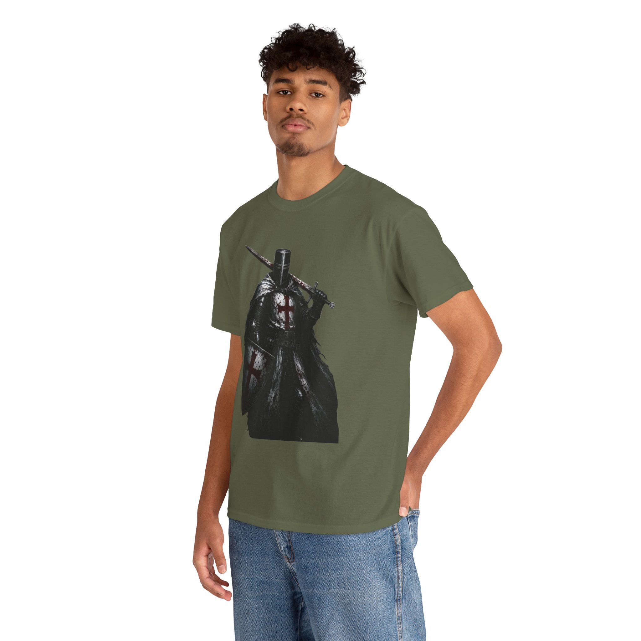 Medieval Knight Graphic Tee — Dark Crusader Sword Design