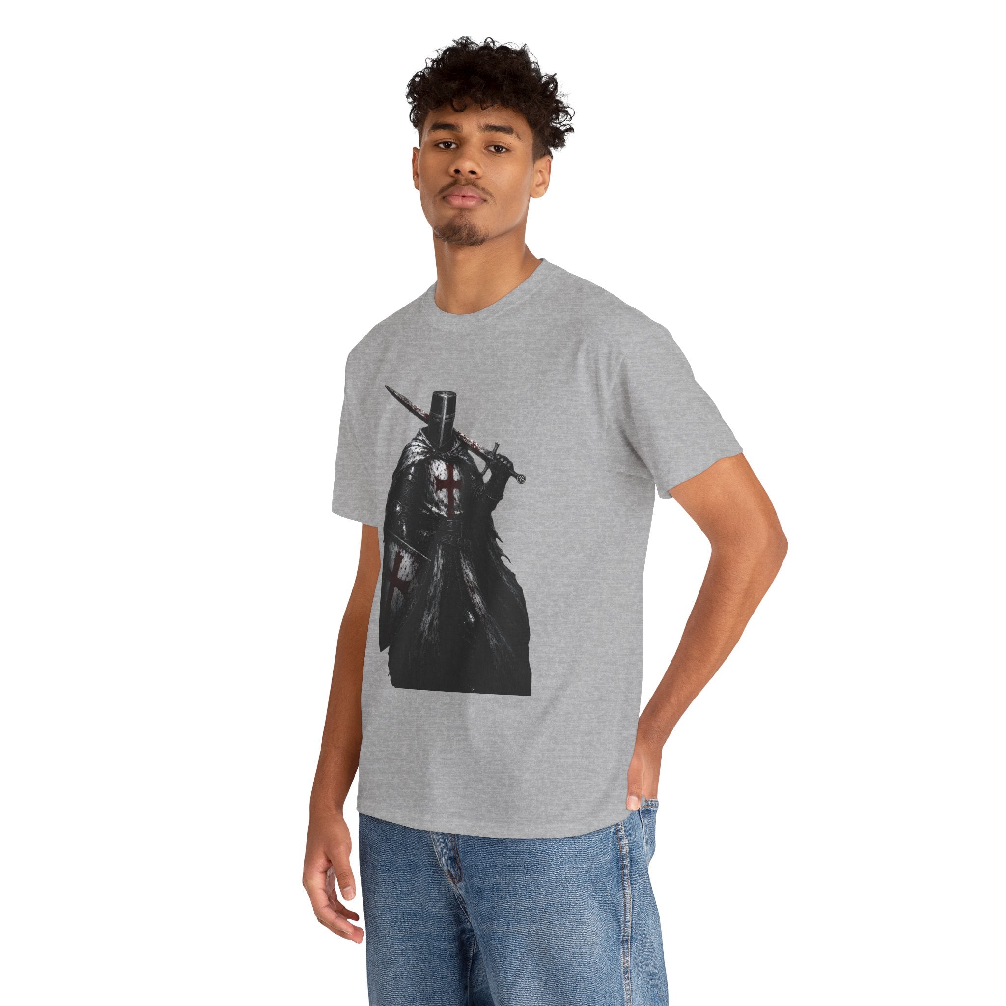 Medieval Knight Graphic Tee — Dark Crusader Sword Design