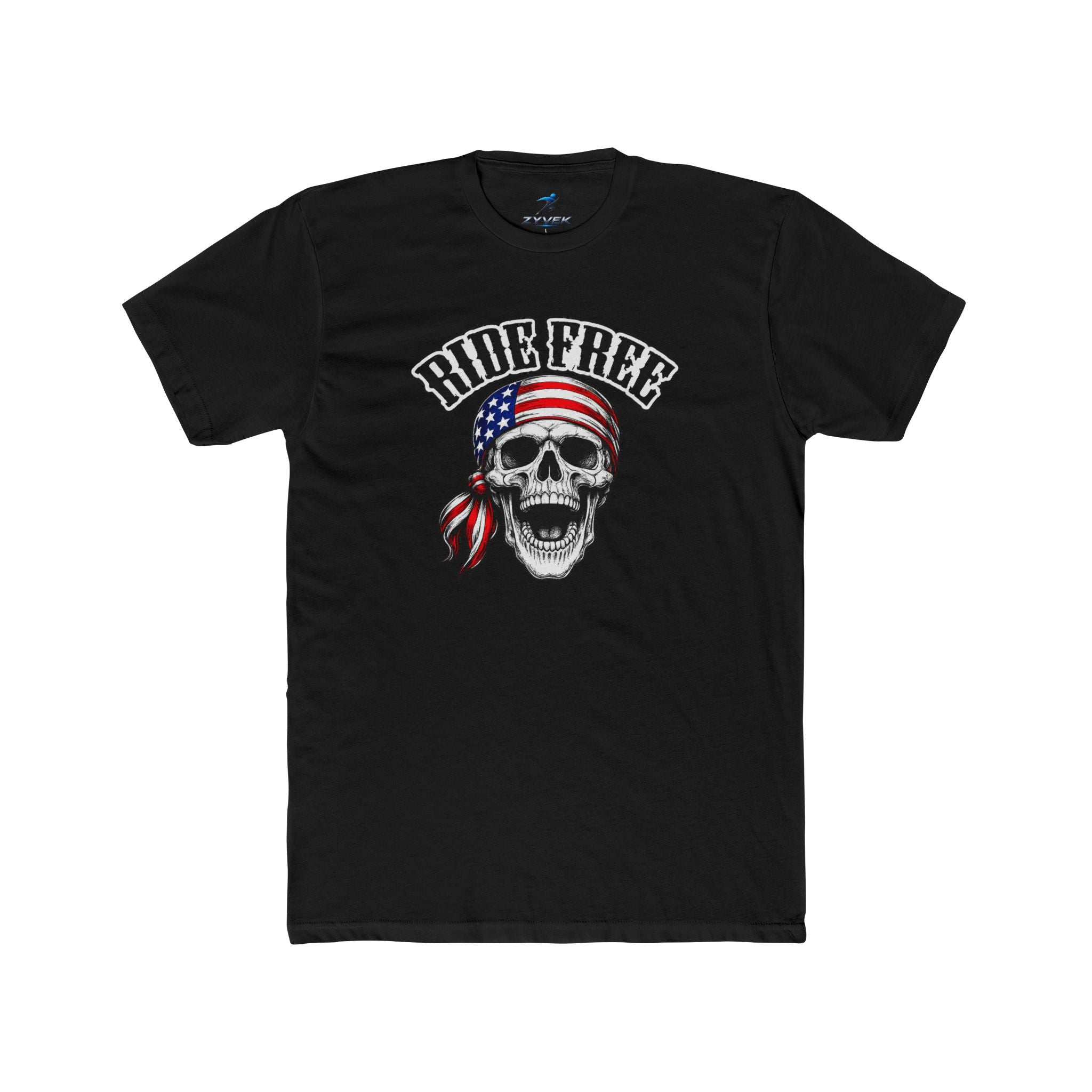 Ride Free Skull T-Shirt — American Flag Bandana Biker Tee