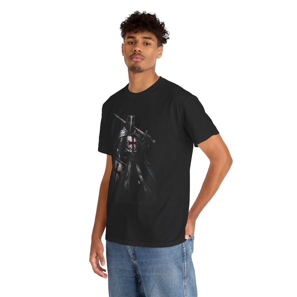 Medieval Knight Graphic Tee — Dark Crusader Sword Design