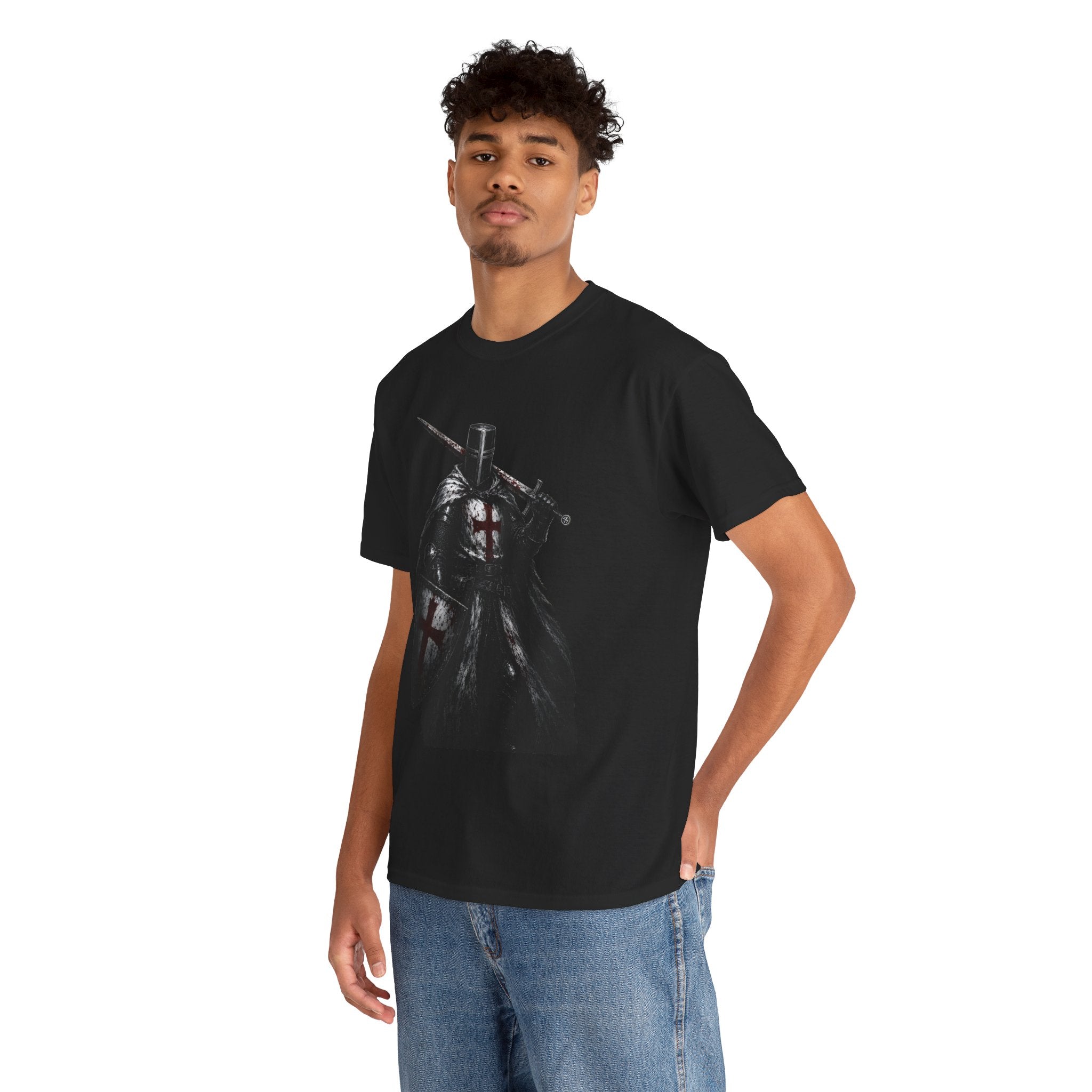 Medieval Knight Graphic Tee — Dark Crusader Sword Design