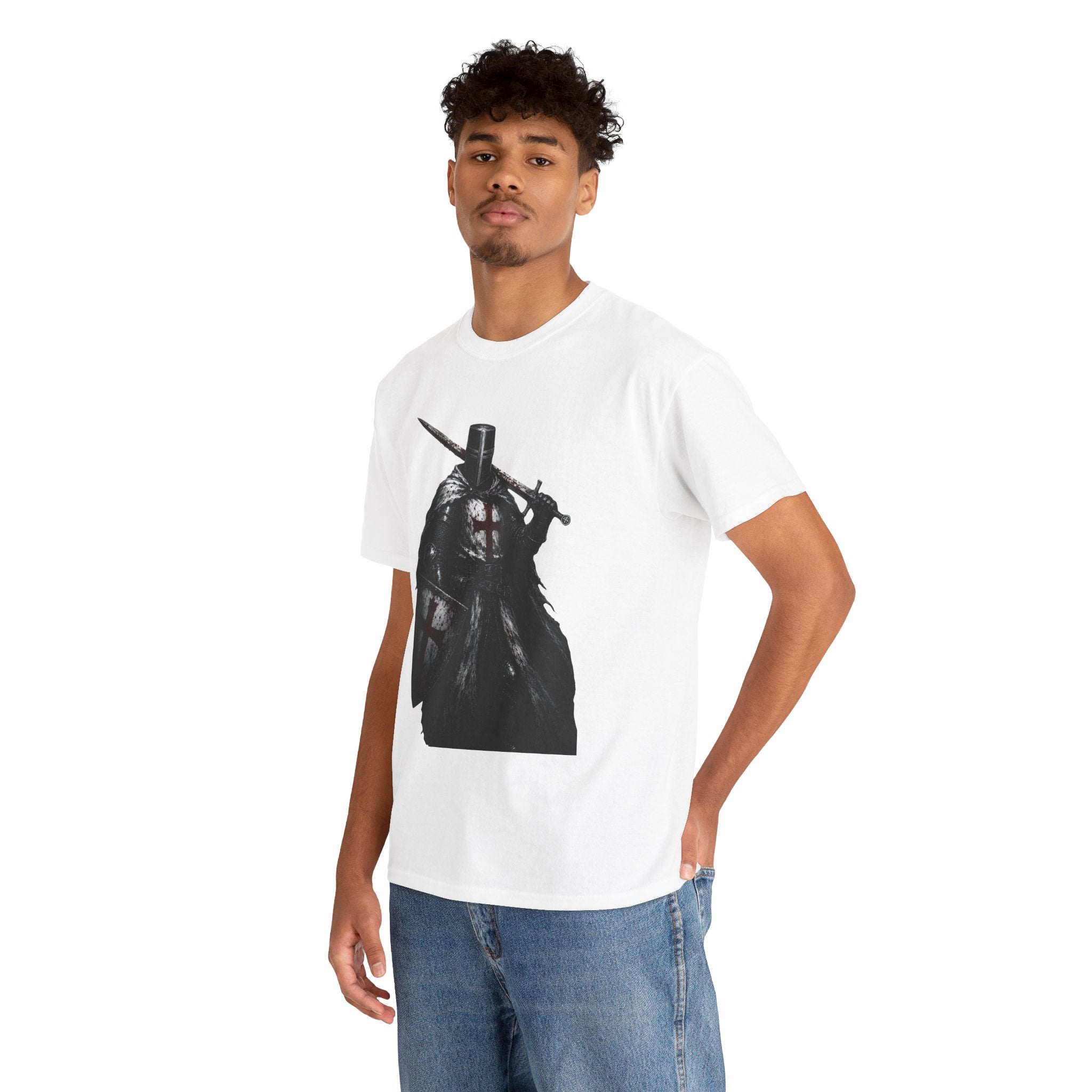 Medieval Knight Graphic Tee — Dark Crusader Sword Design