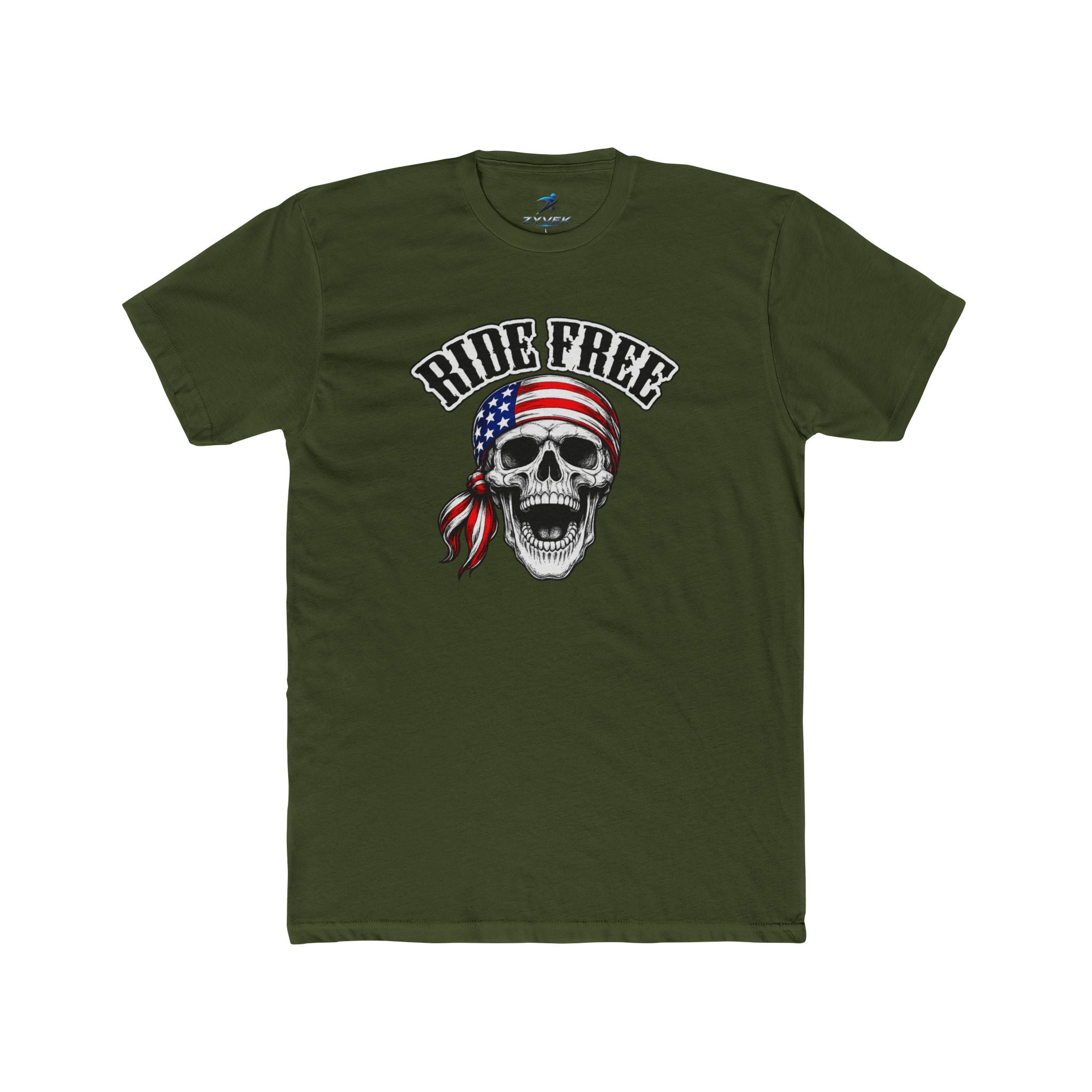 Ride Free Skull T-Shirt — American Flag Bandana Biker Tee