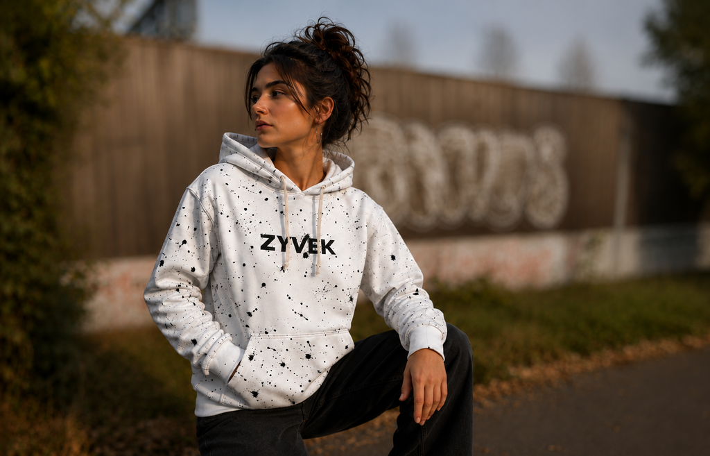 ZYVEK Paint Splash Hoodie – White Edition