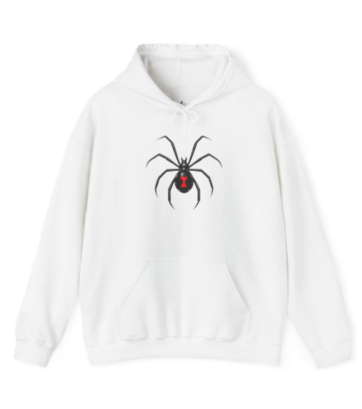 Black Widow Spider Hoodie — Minimal Red Hourglass Spider Graphic Sweatshirt